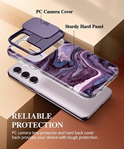 GVIEWIN Designed for Samsung Galaxy S23 Case with Slide Camera Cover with Screen Protector, [10FT Military Shockproof] Marble Anti-Scratch Shockproof Protective Case 5G 6.1" 2023,Quicksand/Purple