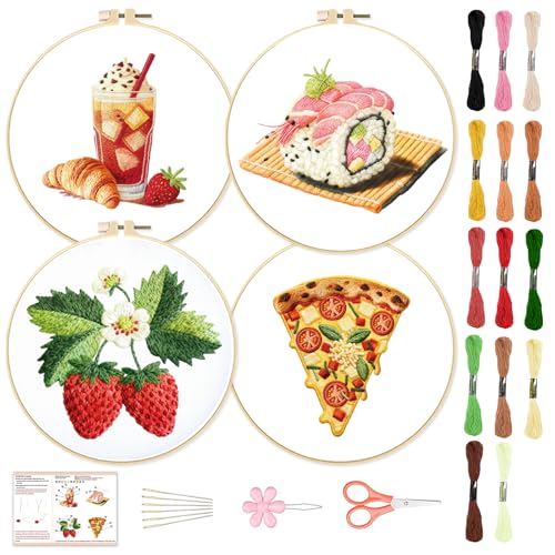 Image of BEUNITONE 4 Set Strawberry Embroidery Kit with Hoops for Adult Beginners | Food /Drink Needlepoint Craft Kits Complete DIY Handmade Cross Stitch Set with Pre-Printed Designs for Home Decor 20x20cm