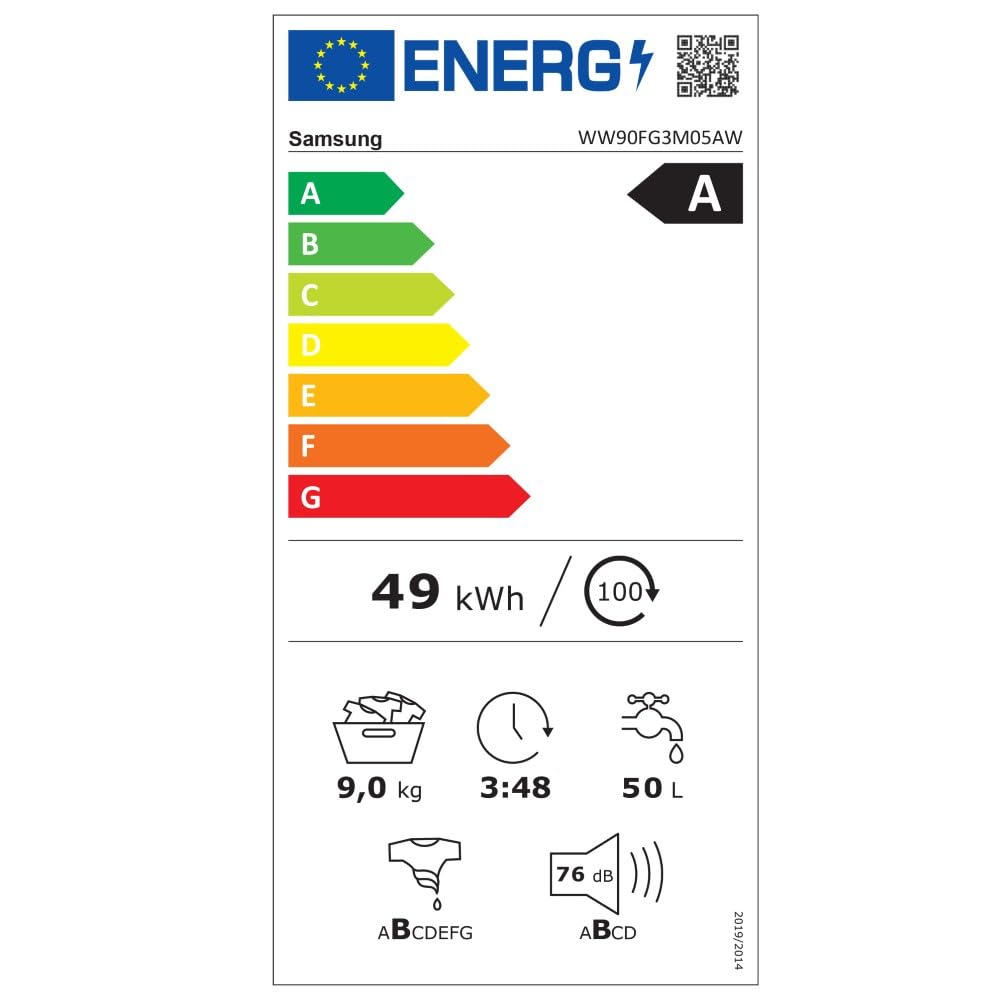 Samsung Lavatrice Serie 3000 WW90FG3M05AWET Libera installazione, 9 Kg, Wifi, Lavaggio Rapido, Vapore Igienizzante, Carica Frontale, 59,5l x 85h x 52p cm