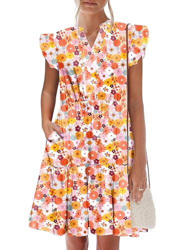 Image of HOTOUCH Women Printed Dress for Summer Short Ruffle Sleeve Dress Tiered Mini Dress with Pockets