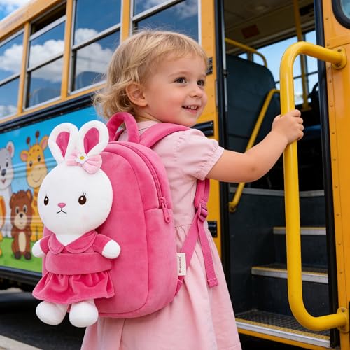 Image of Gloveleya Kids Backpack Girl Backpack Toddler Girl Backpacks with Stuffed Bunny Toy Rose Red 9''