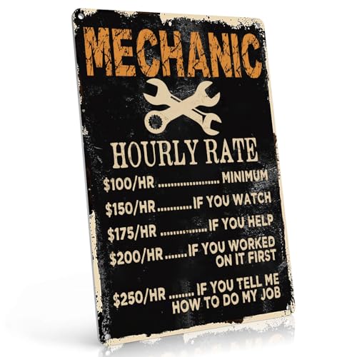 PAIION Mechanic Gifts for Men - Dad's Garage Signs - Funny Metal Signs Vintage - Car Gifts for Man Cave Decor - Mechanic Hourly Rate Tin sign 12x8 Inch