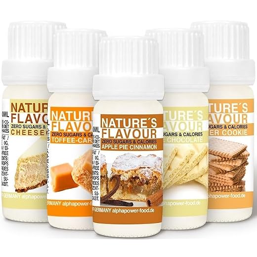 ALPHAPOWER FOOD® Arôme alimentaire 1400%* SET SUPER ÉCONOMIQUE 5x10ml liquide - gouttes aromatisantes et édulcorant sans sucre, goût délicieux, vegan liquid sweetener Flavour Drops, Flavdrops