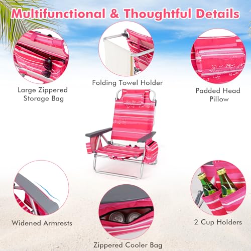 Image of Giantex Folding Beach Chair, Patio Sling Chairs with 5 Adjustable Position, Head Pillow, Storage Bag, Towel Bar, Cup Holders, Backpack Chairs for Sunbathing, Camping Chair