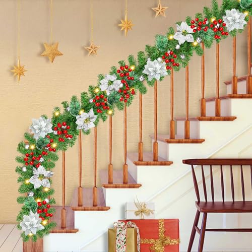 Guirnalda Navidad, 2.7m Guirnaldas Navideñas con Luces, Decoración 2024, Adornos Navideños, Decoracion Navidad para Exterior, Escaleras, Chimenea, Puerta de Entrada Patio y Jardín