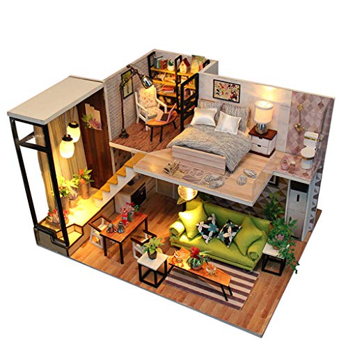 TIREOW Mini Holz Puppenhaus Puppenstube mit LED Lampe, Möbeln Haus Miniatur Kunsthandwerk Spielzeug für Kinder…