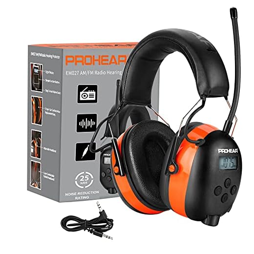 PROHEAR 027 AM FM Radio Headphones with Digital Display, 25dB NRR, Safety Ear Protection Earmuffs for Mowing, Snowblowing, Construction, Work Shops - Orange