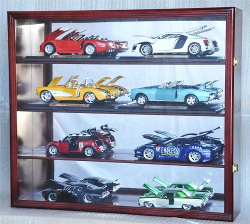 1/18 Scale Diecast Display Case Cabinet Holder Rack w/ UV Protection- Lockable with Mirror Back, Oak