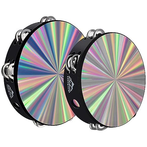 EASTROCK Radiant Tambourine Hand Held Drum 8/10 Inch Double Row Jingles Reflective Tambourine Musical Instrument（ 2Packs)