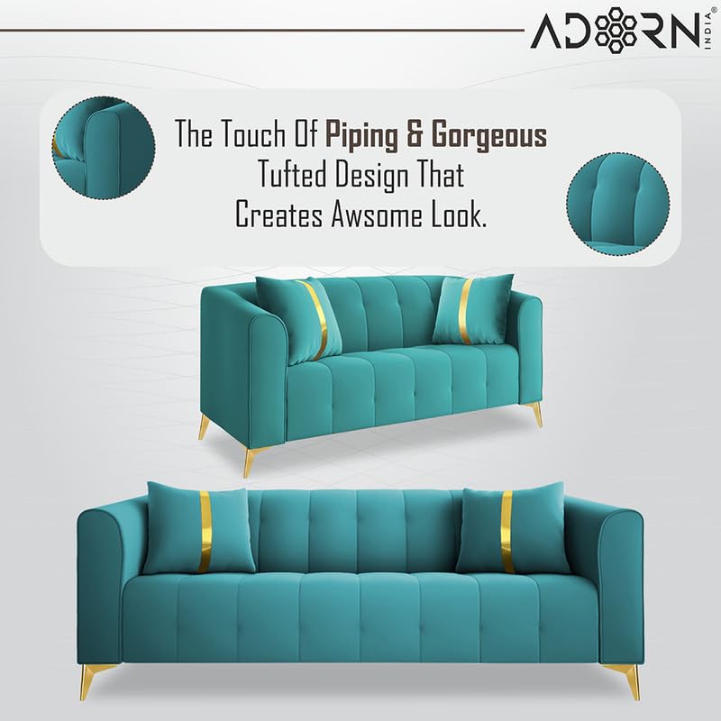 Image of Adorn India Premium Mystic - 3 Years Warranty - 3+2+1 Sofa Set Velvet Suede Fabric - Aqua Blue