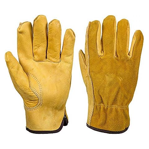 JZK Heavy duty Extra Large thorn proof gardening gloves for men, Yellow leather work gloves, full finger garden gloves, XL Cover