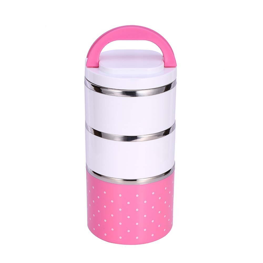Tbest Men's Pink Insulation Thermal Lunch Box Box, 1/2/3 Layers Portable Insulated Stainless Steel Lunch Box Isolated Food Container Leakproof Stackable With Handle For Wo Kids School Office