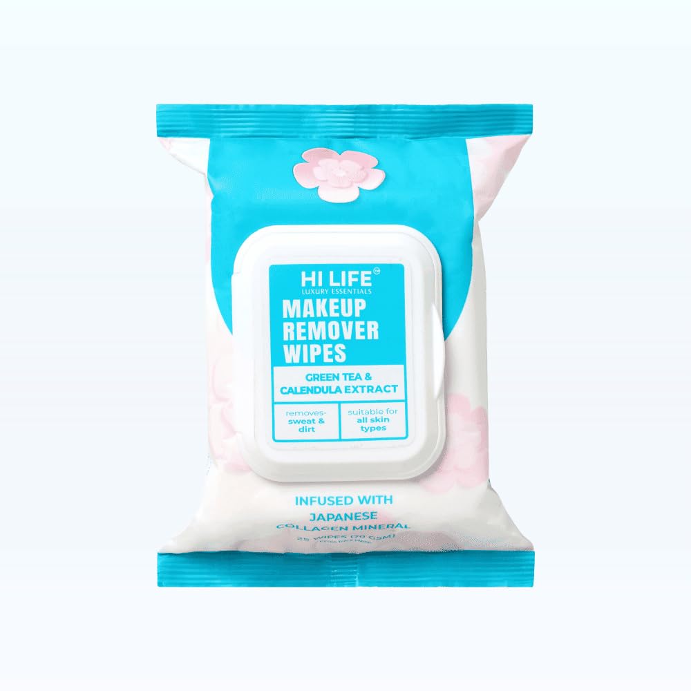 Hi Life™ Luxury Makeup Remover Wet Wipes with Green Tea & Calendula | Removes Waterproof Makeup | Silica Collagen Support | Biodegradable Soft Fabric | Dermatologist Tested – Pack of 25-image-31
