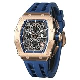 TSAR BOMBA Montre Homme Montre de Luxe Etanche 50M Tonneau Analogique Chronometre Squelette Carrée Grand Cadran Plongee Sport Montres Mouvement Japonais Bracelet Silicone Miroir Saphir Lumineux