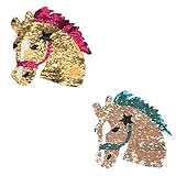 Material:Pailletten Leisial Pferdekopf Aufnäher，Wendepailletten Patch Pailletten Aufnäher Pferd Wendepailletten Aufnäher Aufkleber Applikationen