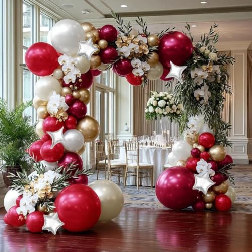 Image of Rose Red White Balloon Arch Double Stuffed Burgundy Gold Pearl Balloon Kit | Fuchsia sand white gold sliver star foil balloon garland for Birthday Wedding Bridal Shower Christmas Valentines party decor