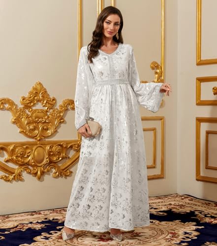 Image of Middle Eastern Modest Maxi Dress - Muslim Moroccan Kaftan Abaya for Women Gold Embroidered Eid Dress Islamic Traditional Wear