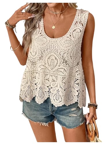 GORGLITTER Women's Lace Boho Western Tank Top Guipure Hollow Out Scoop Neck Sleeveless Vest Cowgirl Outfits 2025