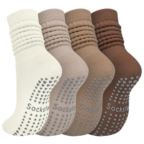 4 Pairs Grip Pilates Socks for Women Yoga Scrunch Slouch Non Slip Long Socks with Grippy Pilates Barre Workout Slipper 5-9