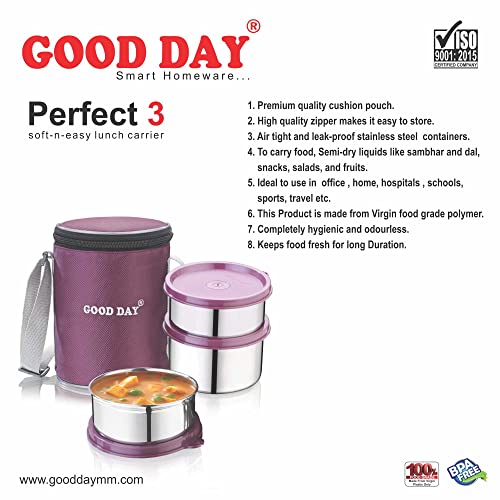 Image of GOOD DAY Prefect Insulated Tiffin Box | Stainless Steel Lunchbox Container| 3Pcs Air-Tight Containers with Bag | Hot Food Kitchen, Traveling, School, College & Office Use | Pink|