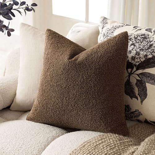 Image of Foindtower Pack of 2, Curly Faux Fur Decorative Throw Pillow Covers Soft Fuzzy Plush Cushion Case with Zipper Cozy Pillowcase for Home Living Room Couch Bed Sofa 20 x 20 Inch,Dark Brown