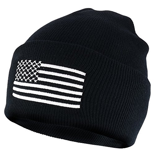 Armycrew USA American Flag Embroidered Cuffed Long Beanie Hat - Black