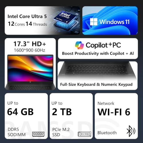 Image of HP 17.3 inch Business Copilot AI Laptop, Intel Ultra 5 255U,16GB DDR5 1TB SSD | 17.3 inch Large Display for More Workspace&AI Task, Numeric Keypad, Battery Fast charge, Wi-Fi 6, Windows 11 Home, w / PCO Cooler