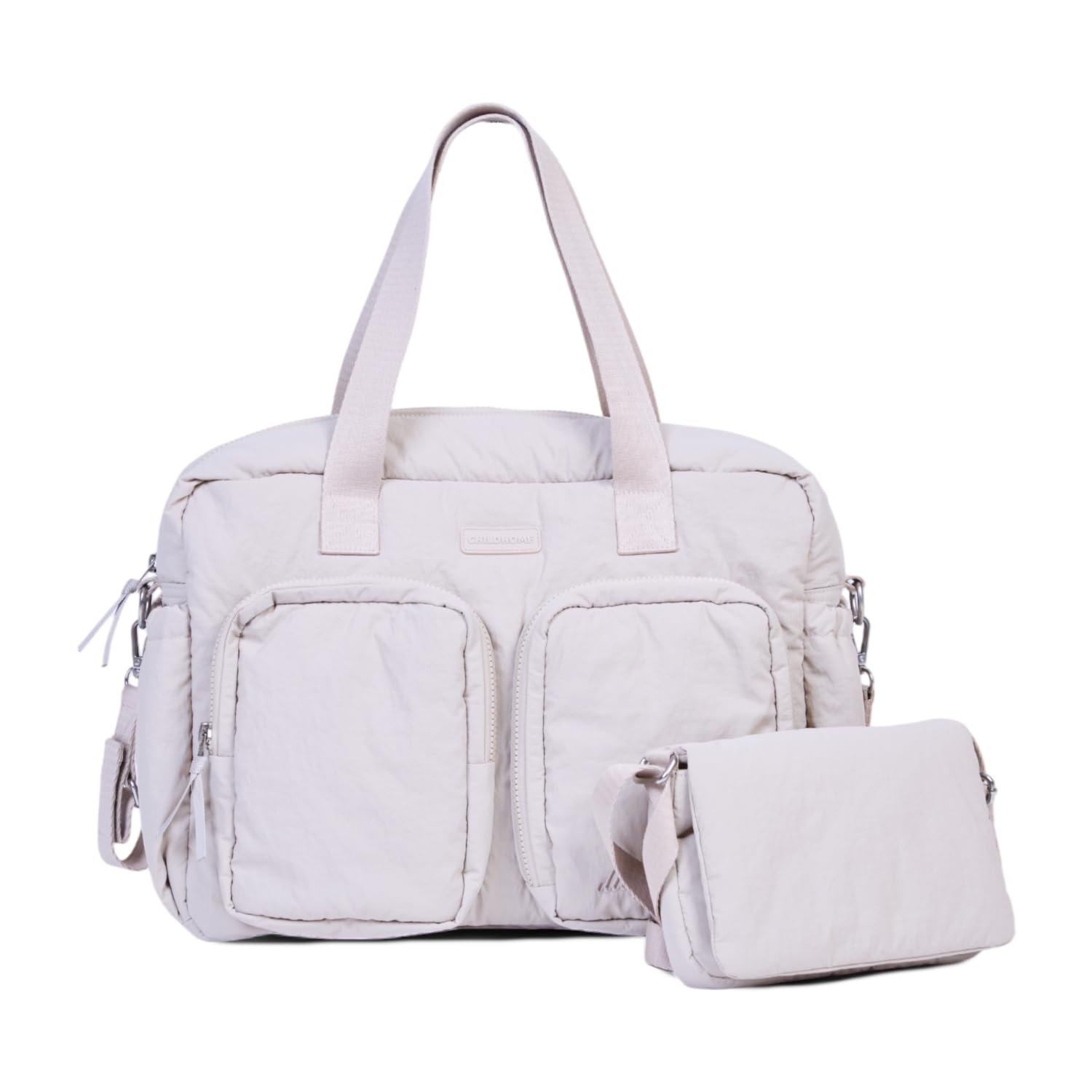 CHILDHOME, Sac à Langer Bébé Mellow – Sac Nursery Matelassé Tout-en-Un, Compartiments Multiples, Pochette Isotherme, Pochette Lingettes, Accessoires Inclus, Beige