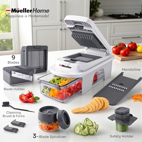 Image of Mueller Pro-Series All-in-One, 12 Blade Mandoline Slicer for Kitchen | Spiralizer, Food Chopper, Vegetable Slicer, Cutter, Dicer, Grater, Kitchen Gadgets with Container, White Sand /Gray