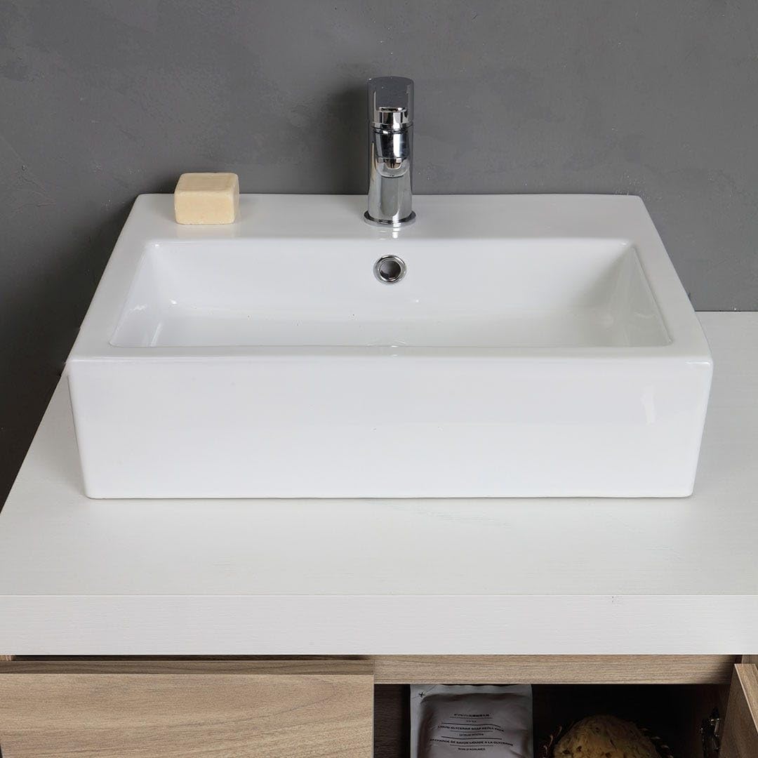 Mobile Bagno Sospento 4 Ante In Rovere Naturale Con Top Bianco, 2 Lavabi E Specchio Led - Valentina - Foto 4