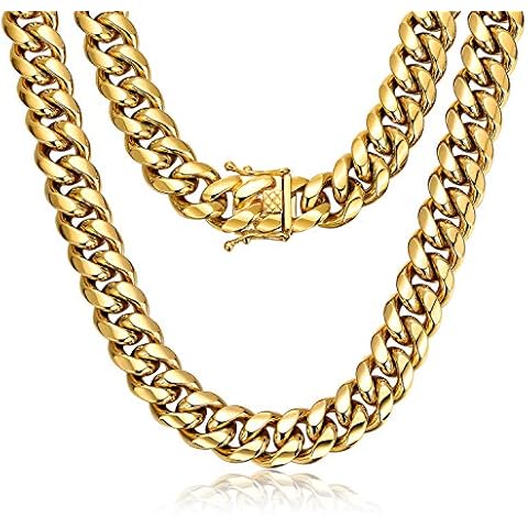 ROWIN&CO Mens Chain Thick Heavy 18K Gold Plated Stainless Steel Miami Curb Cuban Link Necklace Hip Hop Jewelry Choker Chain,15mm Width/ 18 20 22 24 26 30 35 inch Lengths, (with Gift Box) Cover