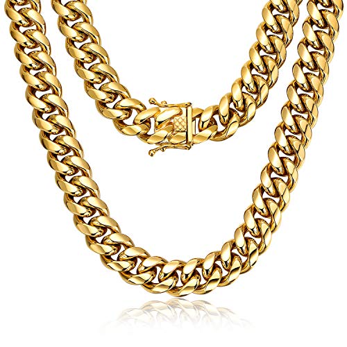 ROWIN&CO Miami Cuban Link Chain for Men 15mm 18k Gold Stainless Steel Curb Necklace, Hip Hop Jewelry, Durable & Anti-Tarnish Mens Chain 18