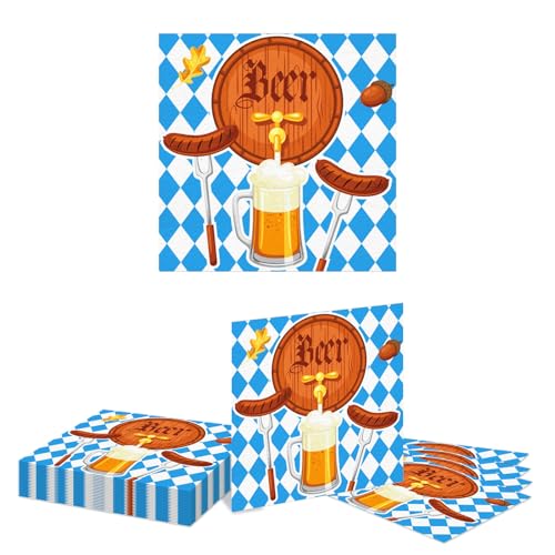 Kotkiddy 20 Stück Oktoberfest Papier Servietten Dekorationen Oktoberfest Blau und Weiß Bayerische Flagge Karo Mittagstisch Dekorative Papier Servietten