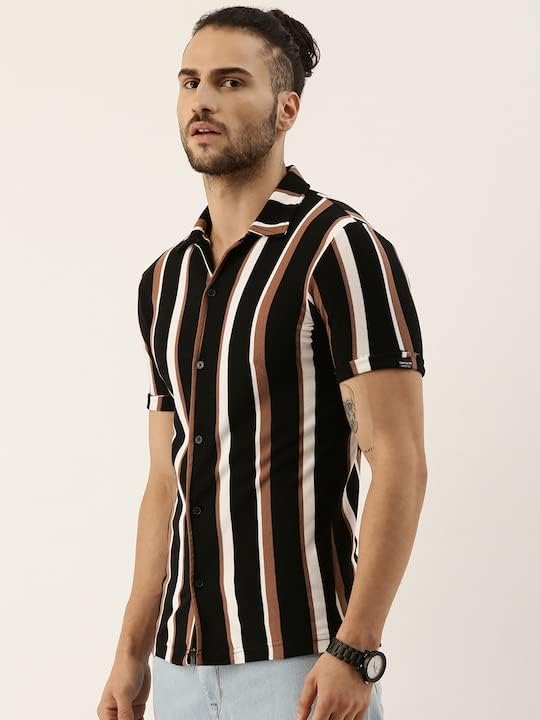 Image of Men's Striped Slim Fit Half Sleeves Stratchable Printed Shirt