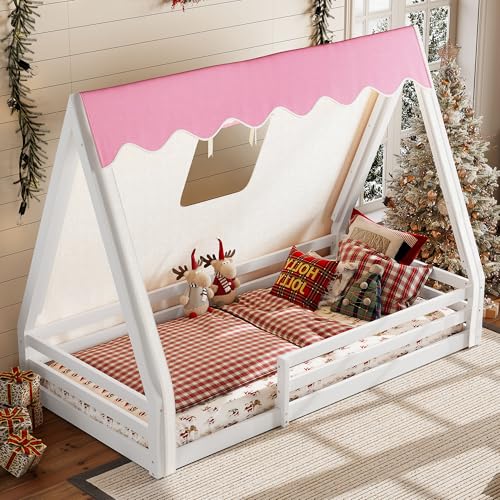 Image of CZBZ Twin Size House Floor Bed with Canopy Tent and LED Lights, Wood Teepee Montessori Floor Beds Frame with Guardrails for Kids, Playhouse Design for Safe Sleep & Imaginative Play
