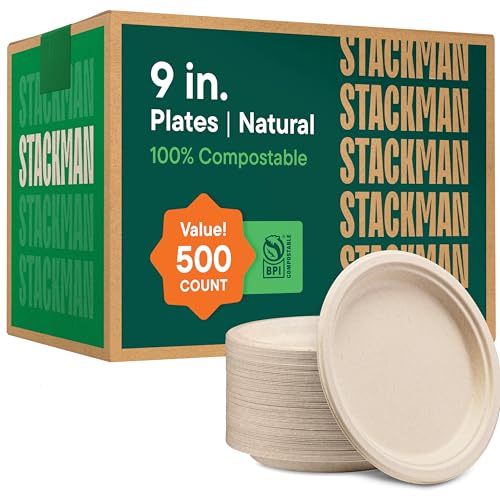 100% Compostable 9 Inch Paper Plates (500 Count)