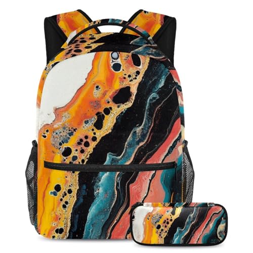 Sac à dos grand volume style marbre coloré avec trousse pour organiser les livres scolaires