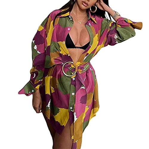 Dazzerake Damenkleid, Hemdkragen, kurzes Kleid, Knopfleiste für Damen, lässiges Kleid mit Gürtel, mehrfarbig, Medium Cover