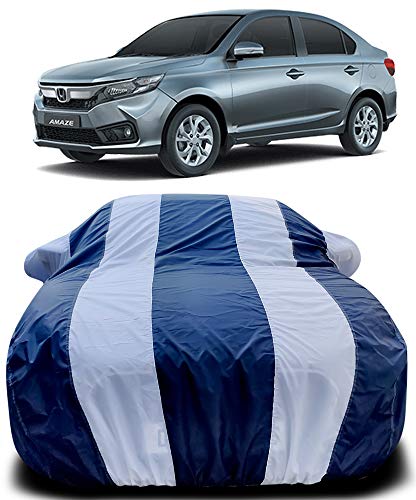 Image of PURPLEHEART Car Body Cover Compatible with Honda Amaze Mirror Pocket Triple Stitched Bottom Elastic Water Resistant UV Protection & Dustproof Car Cover-Blue & White