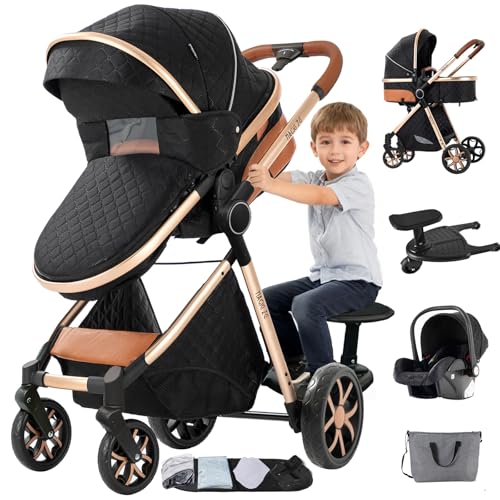 MoLi Kinderwagen 3 in 1, Kinderwagen Set Umkehrbarem Doppelschiebemodus, Kombikinderwagen 3 in 1 Großer Bequemer Babywanne, Buggy Rahmen Aluminiumlegierung Faltbar (FV9 Black)