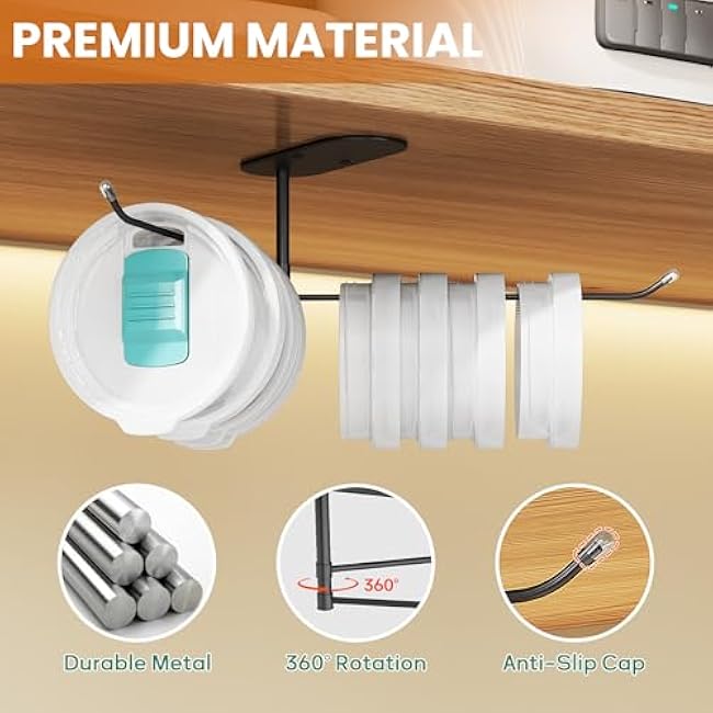 NiHome Rotating Tumbler Lid Organizer with Space-Saving Hooks for Yeti, Stanley, Simple Modern, Self-Adhesive or Drill Installation Kitchen Storage, Durable Metal with Rust-Resistant Coating (Black)
