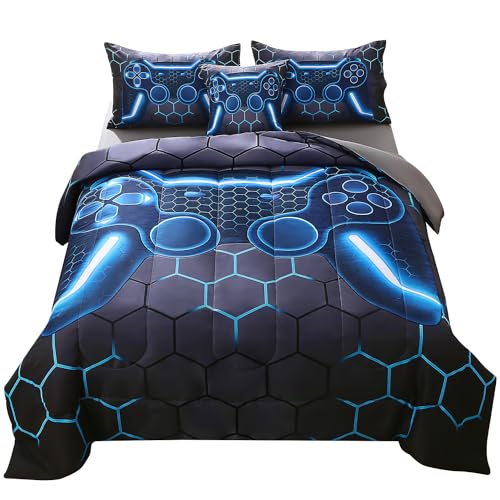 JQinHome Full Gamer Comforter Set 6 Piece Bed in A Bag 3D Video Game Bedding -All Season Down Alternative Gamer Bedding Sets - (Blue Game Controller)