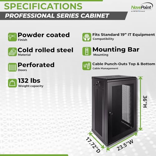 Image of NavePoint 18U Server Rack Enclosure - 17.7 inch Deep, Wall Mount Network Cabinet with Locking Perforated Door, 19 inch IT Equipment Compatible, Network Rack, Removable Side Panels, Black