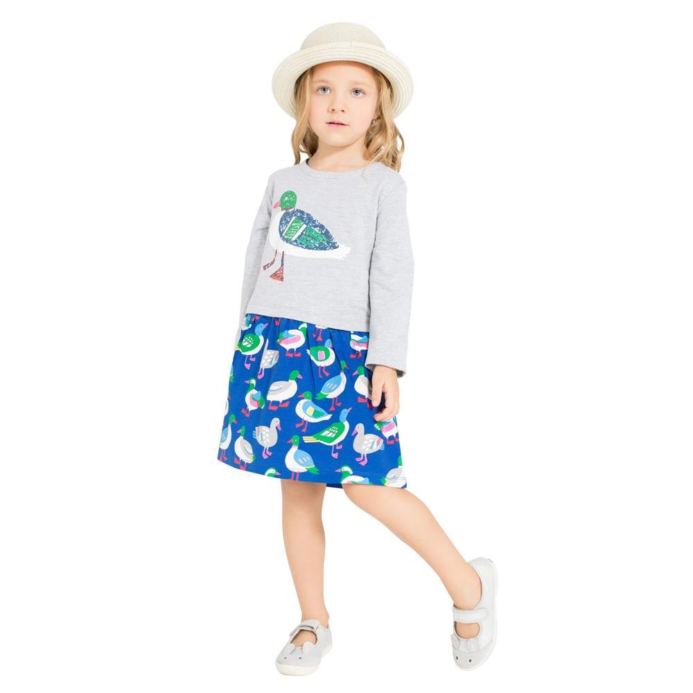 Koupa Girls Cotton Longsleeve Dress Casual Clothing(Duck,Gray,4-5Years)
