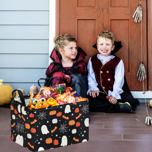 Image of Halloween Storage Basket Home Shelf Basket Rectangle Organizer Box Toys Clothes Laundry Hamper Nursery Bin Gift Laundry Basket with Handles(Black Cute Ghost Pumpkin)