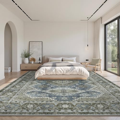 Rugland 9x12 Area Rug - Stain Resistant Washable Rug, Anti Slip Backing Rugs for Living Room, Vintage Tribal Area Rugs (TPR07-Green, 9'x12')