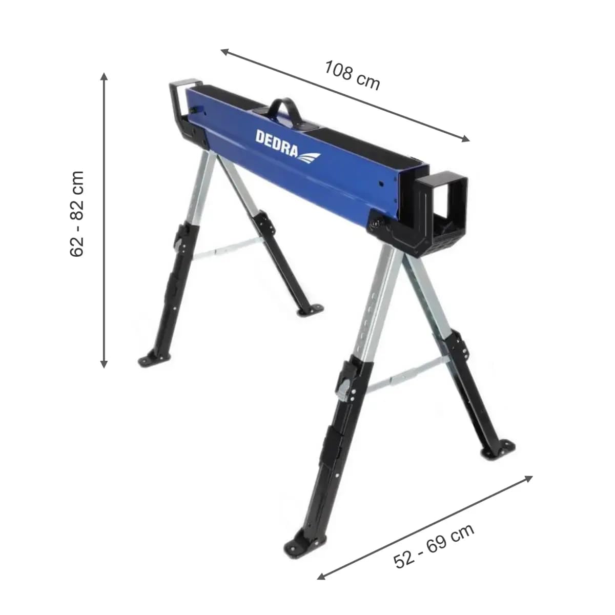 Dedra Juego de 2 caballetes de carpintero plegables N1103, altura regulable, carga máxima 1180 kg/par, acero, peso 18,9 kg, asa integrada, pies antideslizantes y superficie de trabajo
