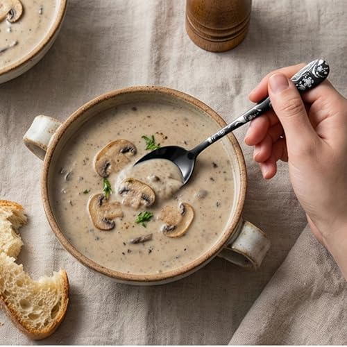 Image of 8 inch Charcoal Black Silverware Dinner Spoons with Floral Printed Handle | 5-Piece Premium Stainless Steel Flatware Set | Dishwasher Safe Cutlery Set for Home, Restaurant & Gifting