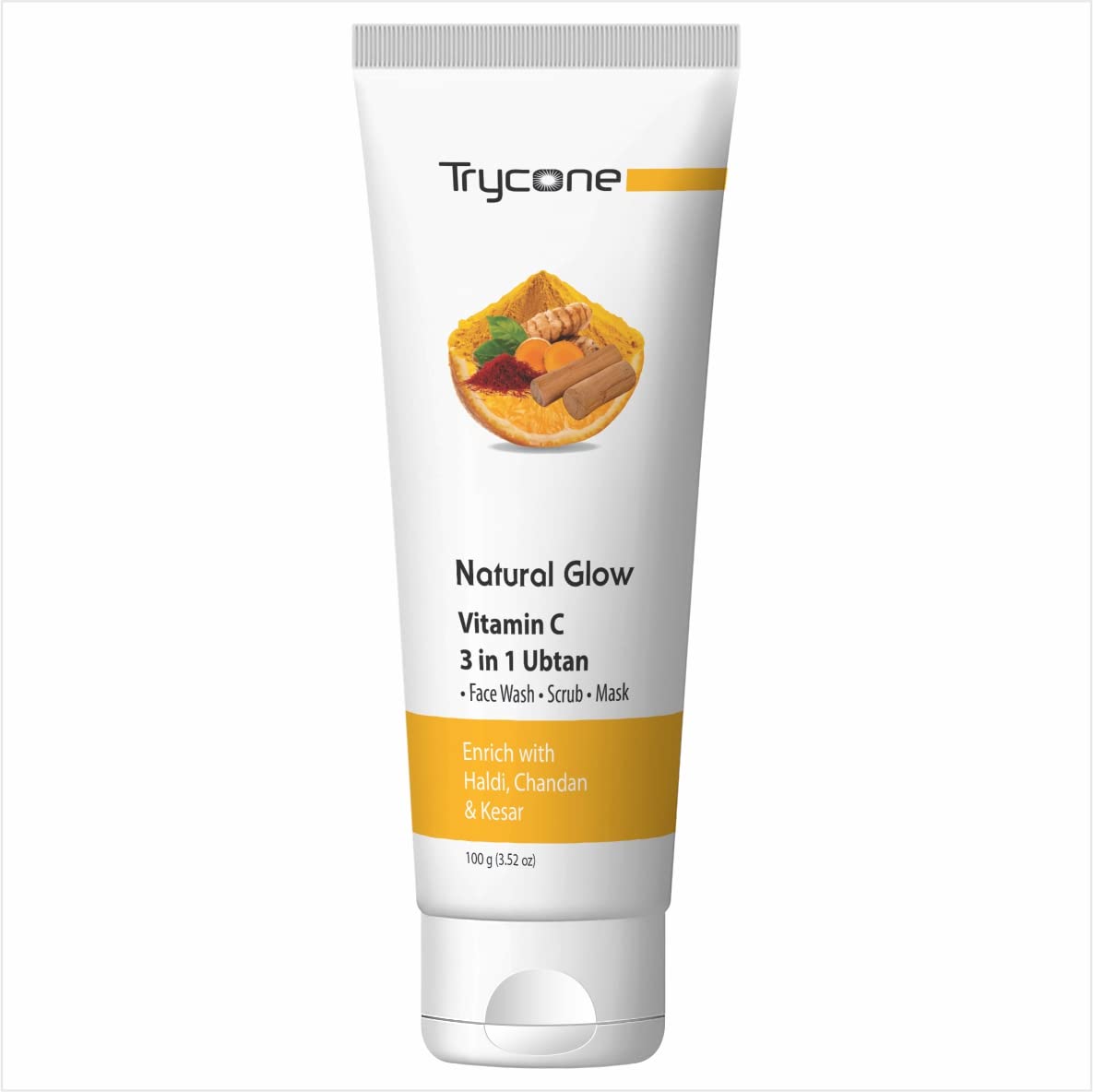 Trycone Skin Brightening Ubtan and Vitamin C Face Wash Scrub and Mask | 3 in 1 Face Wash for all Skin Type with Vitamin C, Turmeric, Saffron and Sandalwood for Tan removal, Deep Exfoliation, Skin Brightening- 100 Gm - SLS and Paraben Free