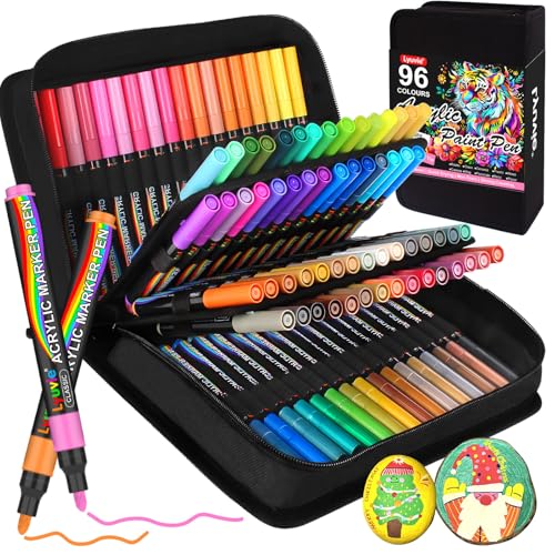 Lyuvie Rotuladores Acrilicos,96 Colores 3mm Punta Media Marcadores Rotuladores Acrílicos Permanentes para Pintar Rocas Tela Plástico Vidrio Guijarros Piedra Metal Madera Cerámica